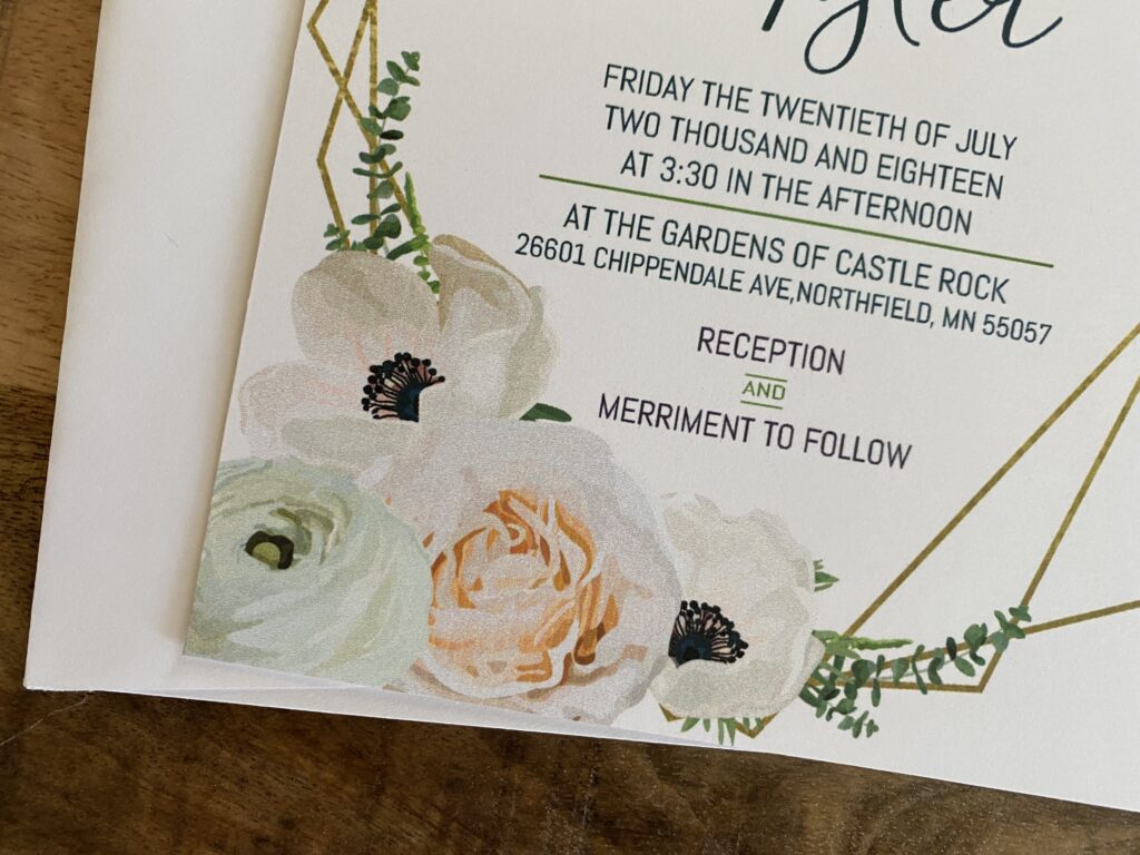 Geometric Wedding Invitation with Flowers and Gold
